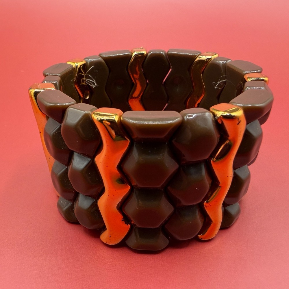 Brown Gold Tone Wide Stretch Bracelet Geometric Chunky Statement Vintage Style